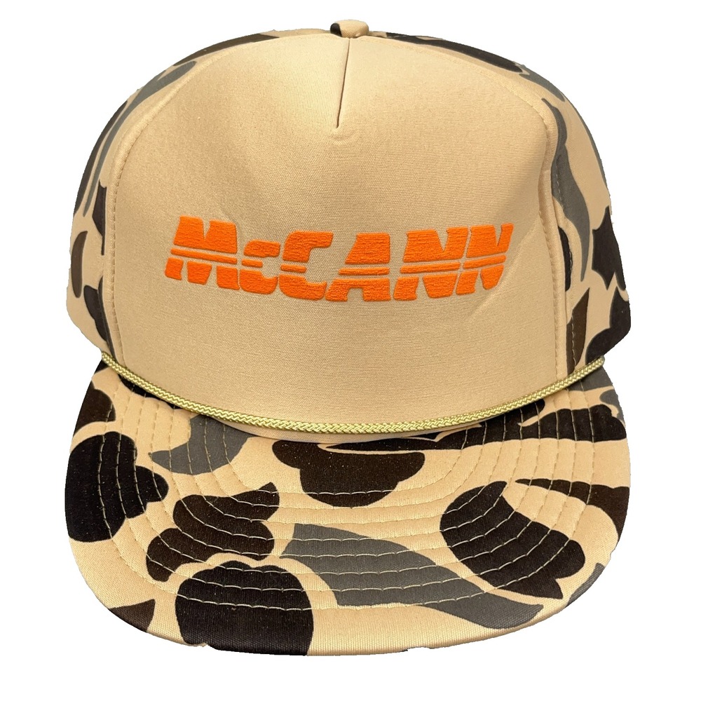Vintage Camo Trucker Hat Cap Snapback Brown Bubble Frog Camo McCann 90s Hunting